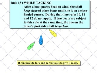 B continues to tack and G continues to give B room. Rule 13 : WHILE TACKING After a boat passes head to wind, she shall  keep clear  of other boats until she is on a close-hauled course.  During that time rules 10, 11 and 12 do not apply.  If two boats are subject to this rule at the same time, the one on the other’s port side shall  keep clear . 