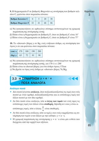 9. Η θερµοκρασία F σε βαθµούς Φαρενάιτ ως συνάρτηση των βαθµών κελ-        Κεφάλαιο
σίου C, φαίνεται στον παρακάτω πίνακα:                                        3
Βαθµοί Κελσίου C       0      5      20   30
Βαθµοί Φαρενάιτ F      32     41     68   86

α) Να κατασκευάσετε σε ορθογώνιο σύστηµα συντεταγµένων τη γραφική
   παράσταση της συνάρτησης αυτής
β) Πόσο είναι η θερµοκρασία σε βαθµούς F, όταν σε βαθµούς C είναι 10˚
γ) Πόσο είναι η θερµοκρασία σε βαθµούς C, όταν σε βαθµούς F είναι 77˚

10. Το «ιδανικό» βάρος y σε Kg, ενός ενήλικου άνδρα, ως συνάρτηση του
ύψους x σε cm φαίνεται στον παρακάτω πίνακα:

(cm) x   170    180    190    200
(Kg) y    63     72    81     90

α) Να κατασκευάσετε σε ορθογώνιο σύστηµα συντεταγµένων τη γραφική
   παράσταση της συνάρτησης αυτής, για 170 ≤ x ≤ 200
β) Πόσο είναι το ιδανικό βάρος για ένα άνδρα ύψους 175cm
γ) Να βρείτε το ύψος ενός άνδρα µε «ιδανικό» βάρος 76,5Kg.




u 3.3 H ΣΥΝAΡΤΗΣΗ y = α · x
      - ΠΟΣA ΑΝAΛΟΓΑ
                                                           ttt

Ανάλογα ποσά
• ∆ύο ποσά λέγονται ανάλογα, όταν πολλαπλασιάζοντας τις τιµές του ενός
  ποσού µε έναν αριθµό, πολλαπλασιάζονται και οι αντίστοιχες τιµές του
  άλλου ποσού µε τον ίδιο αριθµό.
• Αν δύο ποσά είναι ανάλογα, τότε ο λόγος των τιµών του ενός προς τις
  αντίστοιχες τιµές του άλλου είναι σταθερός, δηλαδή αν x και y είναι οι
   αντίστοιχες τιµές, τότε ο λόγος   είναι σταθερός.
• Αν δύο ποσά είναι ανάλογα, τότε οι τιµές y του ενός εκφράζονται ως συ-
  νάρτηση των τιµών x του άλλου µε την ισότητα y = α ˆ x.
• Η γραφική παράσταση της συνάρτησης y = α ˆ x είναι µία ευθεία που
  διέρχεται από την αρχή 0 των αξόνων.
                                                                             85
 
