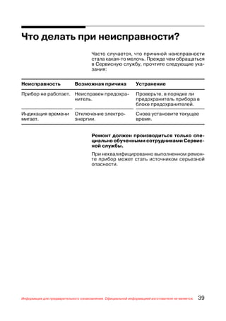 Что делать при неисправности?
                                      Часто случается, что причиной неисправности
                                      стала какая то мелочь. Прежде чем обращаться
                                      в Сервисную службу, прочтите следующие ука
                                      зания:


Неисправность                Возможная причина                 Устранение

Прибор не работает. Неисправен предохра                        Проверьте, в порядке ли
                    нитель.                                    предохранитель прибора в
                                                               блоке предохранителей.
Индикация времени            Отключение электро                Снова установите текущее
мигает.                      энергии.                          время.


                                      Ремонт должен производиться только спе
                                      циально обученными сотрудниками Сервис
                                      ной службы.
                                      При неквалифицированно выполненном ремон
                                      те прибор может стать источником серьезной
                                      опасности.




Информация для предварительного ознакомления. Официальной информацией изготовителя не является.   39
 