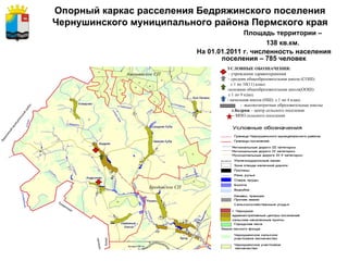 Опорный каркас расселения Бедряжинского поселения Чернушинского муниципального района Пермского края   Площадь территории – 138 кв.км. На 01.01.2011 г. численность населения поселения – 785 человек УСЛОВНЫЕ ОБОЗНАЧЕНИЯ: - учреждения здравоохранения - средняя общеобразовательная школа (СОШ): с 1 по 10(11) класс -основная общеобразовательная школа(ООШ): с 1 по 9 класс - начальная школа (НШ): с 1 по 4 класс   -  высокозатратные образовательные школы с.Бедряж  – центр сельского поселения - МПО сельского поселения  Бродовское СП Ананьинское СП 