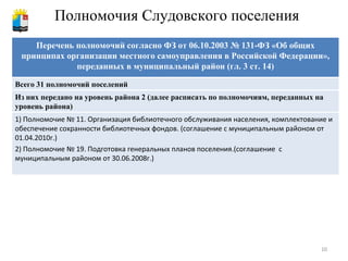Полномочия Слудовского поселения Перечень полномочий согласно ФЗ от 06.10.2003 № 131-ФЗ «Об общих принципах организации местного самоуправления в Российской Федерации», переданных в муниципальный район (гл. 3 ст. 14) Всего 31 полномочий поселений Из них передано на уровень района 2 (далее расписать по полномочиям, переданных на уровень района) 1) Полномочие № 11. Организация библиотечного обслуживания населения, комплектование и обеспечение сохранности библиотечных фондов. (соглашение с муниципальным районом от 01.04.2010г.) 2) Полномочие № 19. Подготовка генеральных планов поселения.(соглашение  с муниципальным районом от 30.06.2008г.) 