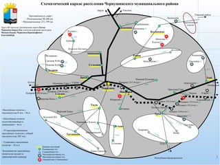 Схематический каркас расселения Чернушинского муниципального района Деменово Калиновка Ананьино Рябки Бедряж Брод Чернушка Сульмаш Слудка Трушники Етыш Павловка Трун Тюй Большое Катчино Ермия Кутана Комарово Средняя Куба Нижняя Куба Винокурово Деткино Ключи Шишова Богатовка Коробейники Ленинский Атняша Мокруши Нижний Козьмяш Казанцево Ольховка Анастасино Ореховая Гора Тёмное Агарзя Агарзинский Разъезд Трун Ивановка Текловка Бизяр Есаул Покровка Устиново Емаш-Павлово Николаевский Таныпские Ключи Верхний Емаш Большой Юг Верхняя Кига Центры поселений Развиваемые н/п Сохраняемые н/п Малоперспективные н/п, Малоперспективные н/п, планируемые к ликвидации Казарма 1292-й км Казарма 1295-й км Стреж Осиновая Гора Казарма 1317-й км Казарма 1325-й км Казарма 1330-й км Казарма 1331-й км Казарма 1333-й км 7,9км 3,6км 11,3км 1,6км 5,6км 9,3км 2,4км 4,3км 5,7км 7,4км 6,9км 6,9км 6км 9км 3,2км 5,5км 4,4км 5,8км Барда Уинское Куеда Республика Башкортостан Октябрьский Уинский район Чересполосный участок Тауш (0) (0) (0) (0) (0) (0) (0) (16) (14) (9) (2) (5) (2) (8) (2) (30) (32) (0) (0) (5) (31) (2) (2) (16) (12) Населённые пункты с численностью 0 чел – 9н.п. Населённые пункты подготавливаемые к ликвидации – 6н.п. 19 малоперспективных населённых пунктов с общей численностью 205 чел. Тупиковых населённых пунктов – 18 н.п.. Большинство населённых пунктов не входит в транспортный коридор Протяжённость дорог: Региональные 88,208 км Муниципальные 231,199 км Через МР проходит региональная дорога  Куеда-Чернушка-Барда-Оса  и железнодорожная магистраль  Москва-Казань-Чернушка-Красноуфимск-Екатеринбург 