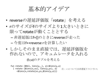 基本的アイデア
• reverseの遅延評価版「rotate」を考える
• rのサイズがfのサイズより1大きいときに
  限ってrotateが動くこととする
 – 非遅延版はf=[]のときにreverseが走った
 – 今度はf++reverse rを計算したい
• しかしそのまま直接では、遅延評価版を
  作れないので、アキュムレータを入れる
            (f,r,a)のタプルを考える
 fun rotate ($Nil, Cons(y,_), a)=$Cons(y,a)
   | rotate ($Cons(x,xs), Cons(y,ys), a)    注：ｒについては非遅延リストでいい
      =$Cons(x,rotate(xs,ys,$Cons(y,a)))
 