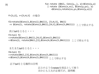例                                 fun rotate ($Nil, Cons(y,_), a)=$Cons(y,a)
                                    | rotate ($Cons(x,xs), $Cons(y,ys), a)
                                       =$Cons(x,rotate(xs,ys,$Cons(y,a)))

    f=[1;2], r=[5;4;3]   の場合

    f2=rotate($Cons(1,$Cons(2,$Nil)), [5;4;3], $Nil)
     => $Cons(1, rotate($Cons(2,$Nil),[4;3],$Cons(5,$Nil))) ここで停止する


    次にtailをとると・・・
    f3=tail f2
    =>rotate($Cons(2,$Nil),[4;3],$Cons(5,$Nil))
    =>$Cons(2, rotate($Nil,[3],$Cons(4,$Cons(5,$Nil)))) ここで停止する


    またまたtailをとると・・・
    f4=tail f3
    =>rotate($Nil,[3],$Cons(4,$Cons(5,$Nil)))
    =>$Cons(3,$Cons(4,$Cons(5,$Nil)))
                                     ここで停止する

     以下tailをとる操作は自明
                            以上のようなrotateを部品として使う
                            ほかにも工夫が必要だが、説明略
 