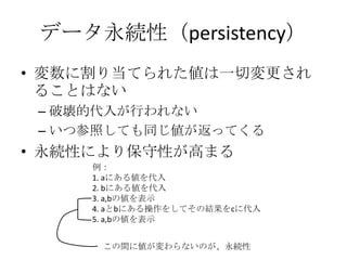 データ永続性（persistency）
• 変数に割り当てられた値は一切変更され
  ることはない
 – 破壊的代入が行われない
 – いつ参照しても同じ値が返ってくる
• 永続性により保守性が高まる
     例：
     1. aにある値を代入
     2. bにある値を代入
     3. a,bの値を表示
     4. aとbにある操作をしてその結果をcに代入
     5. a,bの値を表示


      この間に値が変わらないのが、永続性
 