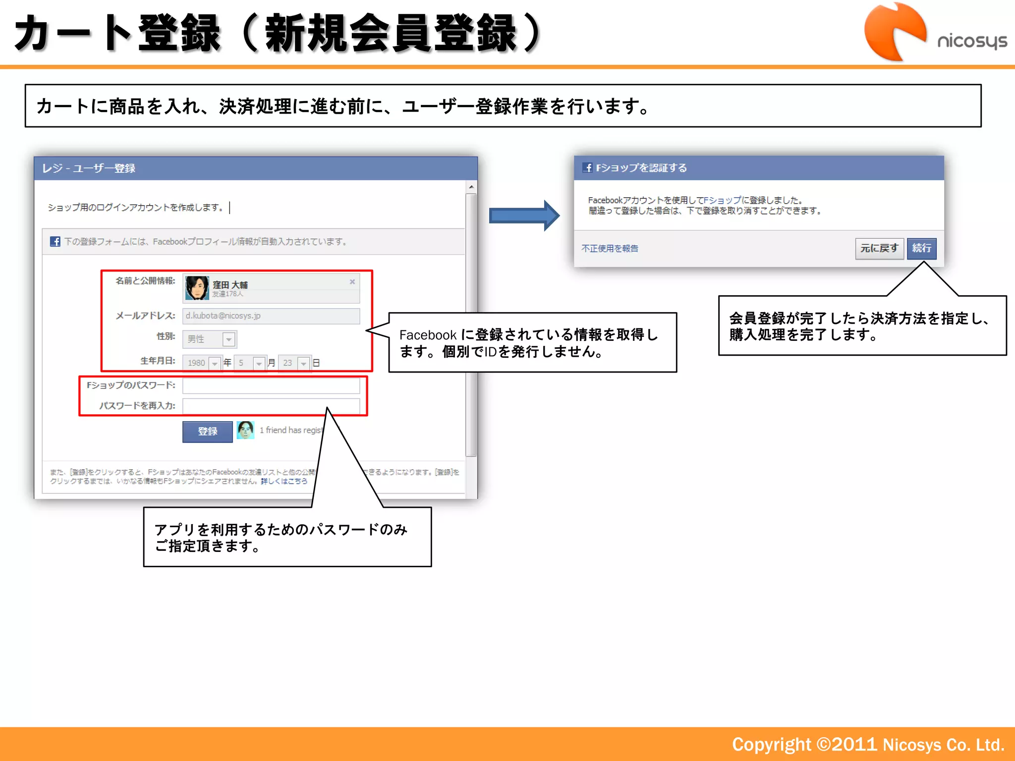 カート登録（新規会員登録）
カートに商品を入れ、決済処理に進む前に、ユーザー登録作業を行います。




                                                 会員登録が完了したら決済方法を指定し、
                       Facebook に登録されている情報を取得し   購入処理を完了します。
                       ます。個別でIDを発行しません。




      アプリを利用するためのパスワードのみ
      ご指定頂きます。




                                                 Copyright ©2011 Nicosys Co. Ltd.
 