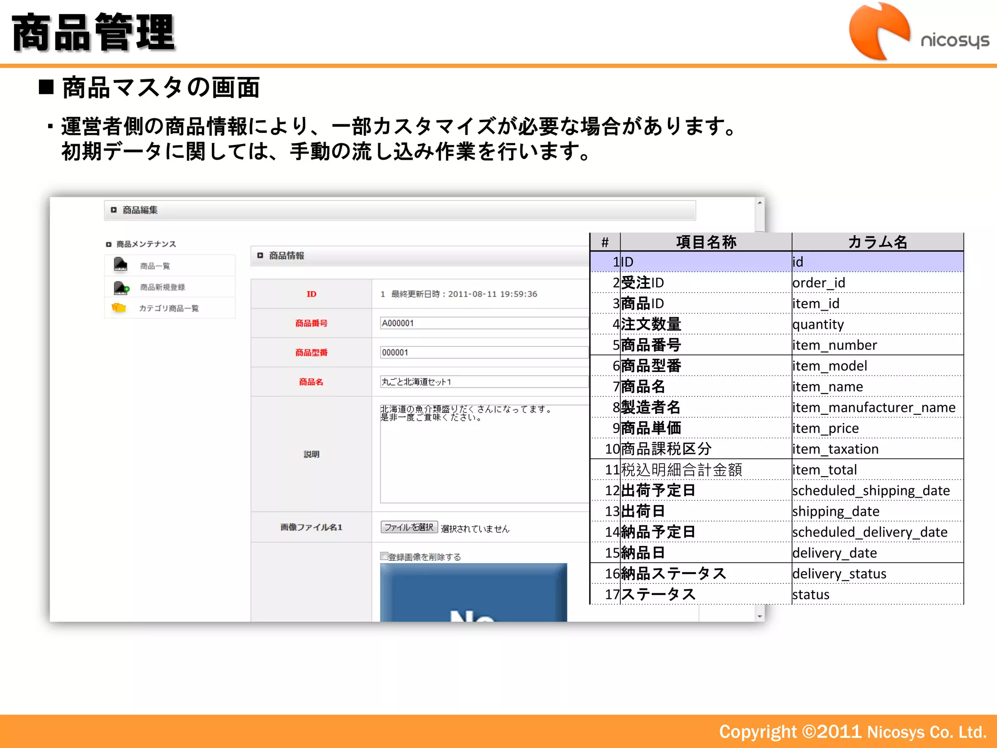 商品管理
 商品マスタの画面
・運営者側の商品情報により、一部カスタマイズが必要な場合があります。
 初期データに関しては、手動の流し込み作業を行います。



                           #    項目名称              カラム名
                            1ID            id
                            2受注ID          order_id
                            3商品ID          item_id
                            4注文数量          quantity
                            5商品番号          item_number
                            6商品型番          item_model
                            7商品名           item_name
                            8製造者名          item_manufacturer_name
                            9商品単価          item_price
                           10商品課税区分        item_taxation
                           11税込明細合計金額      item_total
                           12出荷予定日         scheduled_shipping_date
                           13出荷日           shipping_date
                           14納品予定日         scheduled_delivery_date
                           15納品日           delivery_date
                           16納品ステータス       delivery_status
                           17ステータス         status




                                   Copyright ©2011 Nicosys Co. Ltd.
 