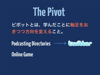 The Pivot
ピボットとは、学んだことに軸足をお
きつつ方向を変えること。

Podcasting Directories
Online Game
 