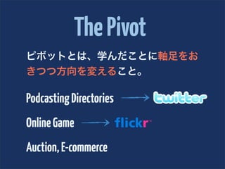 The Pivot
ピボットとは、学んだことに軸足をお
きつつ方向を変えること。

Podcasting Directories
Online Game
Auction, E-commerce
 