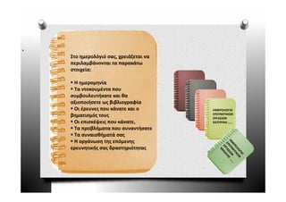 Στο ημερολόγιό σας, χρειάζεται να 
Σ          λό ό         άζ
περιλαμβάνονται τα παρακάτω 
στοιχεία: 

 Η ημερομηνία
 Τα ντοκουμέντα που 
συμβουλευτήκατε και θα 
αξιοποιήσετε ως βιβλιογραφία
 ξ     ή        β βλ     φί
 Οι έρευνες που κάνατε και ο         ΗΜΕΡΟΛΟΓΙΟ 
βηματισμός τους                      ΕΡΕΥΝΗΤΙΚΩΝ
                                     ΕΡΓΑΣΙΩΝ
 Οι επισκέψεις που κάνατε,
          ψ ς             ,          ΚΑΤΕΡΙΝΑ ……
 Τα προβλήματα που συναντήσατε
 Τα συναισθήματά σας
 Η οργάνωση της επόμενης 
ερευνητικής σας δραστηριότητας
         ή      δ       ό
 