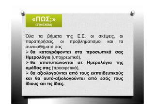 «ΠΩΣ;»
   ΠΩΣ
    (ΣΥΝΕΧΕΙΑ)



Όλα τα βήματα της Ε.Ε, οι σκέψεις, οι
παρατηρήσεις, οι προβληματισμοί και τα
παρατηρήσεις
συναισθήματά σας
   θα καταγράφονται στα προσωπικά σας
Ημερολόγια (υποχρεωτικά),
   θα αποτυπώνονται σε Ημερολόγια της
ομάδας σας (
   άδ         (προαιρετικά),
                         ά)
   θα αξιολογούνται από τους εκπαιδευτικούς
και θα αυτό-αξιολογούνται από εσάς τους
         αυτό-
ίδιους και τις ίδιες.
               ίδιες.
 
