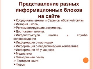 Представление разных  информационных блоков  на сайте  Координаты школы и Сервисы обратной связи История школы Регламентирующие документы.  Достижения школы.  Инфраструктура школы и служба сопровождения  Информация о партнерах  Информация о педагогическом коллективе.  Информация об учащихся  Медиатека  Электронная почта Гостевая книга  Форум  