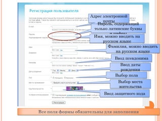 Адрес электронной почты Пароль, содержащий только латинские буквы и цифры Имя, можно вводить на русском языке Фамилия, можно вводить на русском языке Ввод псевдонима Ввод даты рождения Выбор пола Выбор места жительства Ввод защитного кода 