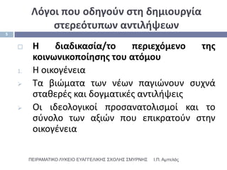 Λόγοι που οδθγοφν ςτθ δθμιουργία
              ςτερεότυπων αντιλιψεων
5


         Η    διαδικαςία/το    περιεχόμενο  τθσ
          κοινωνικοποίθςθσ του ατόμου
    1.    Η οικογζνεια
         Σα βιϊματα των νζων παγιϊνουν ςυχνά
          ςτακερζσ και δογματικζσ αντιλιψεισ
         Οι ιδεολογικοί προςανατολιςμοί και το
          ςφνολο των αξιϊν που επικρατοφν ςτθν
          οικογζνεια

         ΠΕΙΡΑΜΑΣΙΚΟ ΛΤΚΕΙΟ ΕΤΑΓΓΕΛΙΚΗ΢ ΢ΥΟΛΗ΢ ΢ΜΤΡΝΗ΢   Ι.Π. Αμπελάς
 
