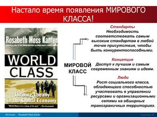Настало время появления МИРОВОГО КЛАССА ! Источник : Rosabeth Moss Kanter МИРОВОЙ КЛАСС Стандарты Необходимость соответствовать самым высоким стандартам в любой точке присутствия, чтобы быть конкурентоспособными .  Концепция Доступ к лучшим и самым современным знаниям и идеям. Люди Рост социального класса, обладающего способностью участвовать в управлении ресурсами и организационными сетями на обширных трансграничных территориях. Страница  