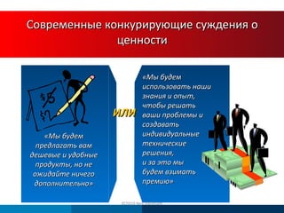 Современные конкурирующие суждения о ценности ©2010 Neil Rackham «Мы будем использовать наши знания и опыт, чтобы решать ваши проблемы   и создавать индивидуальные технические решения ,  и за это мы  будем взимать премию» «Мы будем предлагать вам дешевые и удобные продукты, но не ожидайте ничего дополнительно» ИЛИ 