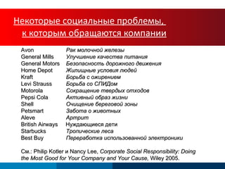 Некоторые социальные проблемы,  к которым обращаются компании Avon Рак молочной железы General Mills Улучшение качества питания General Motors Безопасность дорожного движения Home Depot Жилищные условия людей Kraft Борьба с ожирением Levi Strauss Борьба со СПИДом Motorola Сокращение твердых отходов Pepsi Cola Активный образ жизни Shell Очищение береговой зоны Petsmart Забота о животных Aleve Артрит British Airways   Нуждающиеся дети Starbucks Тропические леса Best Buy Переработка использованной электроники См.:  Philip Kotler  и  Nancy Lee,  Corporate Social Responsibility: Doing the Most Good for Your Company and Your Cause,  Wiley 2005. 