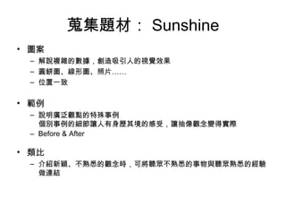 蒐集題材： Sunshine 圖案 解說複雜的數據，創造吸引人的視覺效果 圓餅圖、線形圖、照片…… 位置一致 範例 說明廣泛觀點的特殊事例 個別事例的細節讓人有身歷其境的感受，讓抽像觀念變得實際 Before & After 類比 介紹新穎、不熟悉的觀念時，可將聽眾不熟悉的事物與聽眾熟悉的經驗做連結 