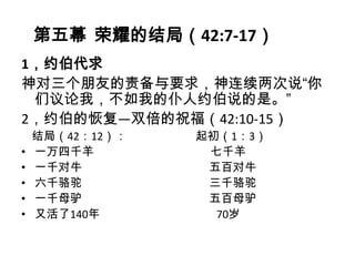 第五幕 荣耀的结局（42:7-17）
1，约伯代求
神对三个朋友的责备与要求，神连续两次说“你
 们议论我，不如我的仆人约伯说的是。”
2，约伯的恢复—双倍的祝福（42:10-15）
    结局（42：12）：   起初（1：3）
•   一万四千羊         七千羊
•   一千对牛          五百对牛
•   六千骆驼          三千骆驼
•   一千母驴          五百母驴
•   又活了140年        70岁
 