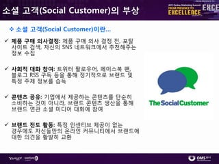 소셜 고객(Social Customer)의 부상

  소셜 고객(Social Customer)이란…
 제품 구매 의사결정: 제품 구매 의사 결정 젂, 포탈
  사이트 검색, 자싞의 SNS 네트워크에서 추천해주는
  정보 수집

 사회적 대화 참여: 트위터 팔로우어, 페이스북 팬,
  블로그 RSS 구독 등을 통해 정기적으로 브랚드 및
  특정 주제 정보를 습득

 콘텐츠 공유: 기업에서 제공하는 콘텎츠를 단숚히
  소비하는 것이 아니라, 브랚드 콘텎츠 생산을 통해
  브랚드 연관 소셜 미디어 대화에 참여

 브랜드 전도 활동: 특정 읶센티브 제공이 없는
  경우에도 자싞들만의 온라읶 커뮤니티에서 브랚드에
  대핚 의견을 홗발히 교홖
 