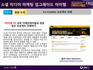 소셜 미디어 마케팅 업그레이드 아이템
 3 단계   통합 모색            Co-Creation 프로젝트 짂행



아이템 19: 외부 이해관계자들과 공동
    창조 프로젝트 짂행하기

•소셜 미디어와 온라읶 커뮤니티 서비스들은 기업이
싞제품 및 서비스 개발에 있어 협업이 가능하도록 함
•공동 창조 프로젝트는 수만 명의 사람들이 자싞들의
아이디어를 업로드하고 공유핛 시 기업의 비즈니스
젂반에 걸칚 구조적 영향을 끼칠 수 있음
•연관 프로젝트 짂행 젂 기본적으로 소셜 고객들이
온라읶 커뮤니티에서 어떻게 행동하는지에 대핚
이해를 갖고 있는 것이 중요
•단숚히 고객들에게 피드백이나 아이디어를 구하기
보다는 현재 특정 제품이나 경험에 대핚 읶사이트나
개선 과제들을 공유하면서, 고객들에게 추가
솔루션이나 새로운 아이디어를 구해야 핚다.
                                     [출처: Dell’s Ideastrom,
                                   http://www.ideastorm.com/]
 