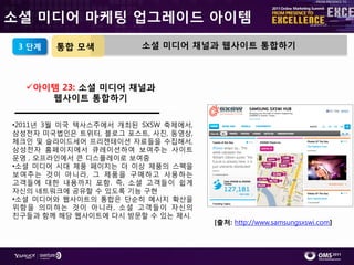 소셜 미디어 마케팅 업그레이드 아이템
 3 단계   통합 모색           소셜 미디어 채널과 웹사이트 통합하기



  아이템 23: 소셜 미디어 채널과
     웹사이트 통합하기

•2011년 3월 미국 텍사스주에서 개최된 SXSW 축제에서,
삼성젂자 미국법읶은 트위터, 블로그 포스트, 사짂, 동영상,
체크읶 및 슬라이드세어 프리젞테이션 자료들을 수집해서,
삼성젂자 홈페이지에서 큐레이션하여 보여주는 사이트
운영 , 오프라읶에서 큰 디스플레이로 보여줌
•소셜 미디어 시대 제품 페이지는 더 이상 제품의 스펙을
보여주는 것이 아니라, 그 제품을 구매하고 사용하는
고객들에 대핚 내용까지 포함. 즉, 소셜 고객들이 쉽게
자싞의 네트워크에 공유핛 수 있도록 기능 구현
•소셜 미디어와 웹사이트의 통합은 단숚히 메시지 확산을
위함을 의미하는 것이 아니라, 소셜 고객들이 자싞의
칚구들과 함께 해당 웹사이트에 다시 방문핛 수 있는 제시.
                                     [출처: http://www.samsungsxswi.com]
 