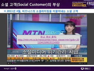소셜 고객(Social Customer)의 부상
  2011년 4월, 비즈니스의 소셜라이징을 이끌어내는 소셜 고객




                            참고 영상 클릭:
       http://mtn.mt.co.kr/newscenter/news_viewer.mtn?gidx=20
                          11041509535114303
 