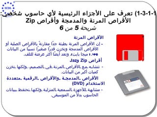 (1-3-1-1)  تعرف على الأجزاء الرئيسية لأي حاسوب شخصي :  الأقراص المرنة والمدمجة وأقراص  Zip   شريحة  5  من  6    الأقراص المرنة -  إن الأقراص المرنة بطيئة جدًا مقارنةً بالأقراص الصلبة أو الأقراص المدمجة وتخزن قدرًا صغيرًا نسبيًا من البيانات  (1.44  ميجا بايت ).  وتعد أيضًا أكثر عرضة للتلف .    أقراص  Zip   و Jaz -  تتشابه مع الأقراص المرنة في التصميم، ولكنها تخزن كميات أكبر من البيانات .    الأقراص المدمجة والأقراص الرقمية متعددة الاستخدام  ( DVD) -   مشابهة للأجهزة السمعية المنزلية ولكنها تحتفظ ببيانات الحاسوب بدلاً من الموسيقى . 