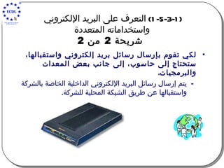 (1-5-3-1)  التعرف على البريد الإلكتروني  واستخداماته المتعددة   شريحة  2  من  2 لكي تقوم بإرسال رسائل بريد إلكتروني واستقبالها، ستحتاج إلى حاسوب، إلى جانب بعض المعدات والبرمجيات . يتم إرسال رسائل البريد الإلكتروني الداخلية الخاصة بالشركة واستقبالها عن طريق الشبكة المحلية للشركة . 