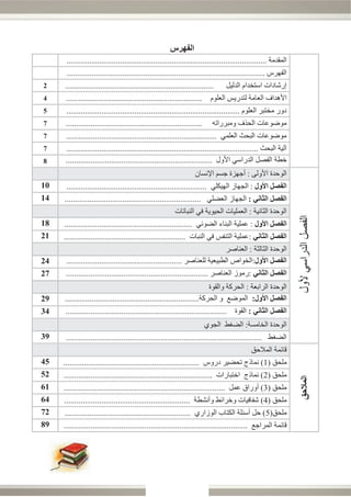 ‫ﺍﻟﻔﻬﺮﺱ‬
      ‫ﺍﻟﻤﻘﺪﻣﺔ .................................................................................................‬
      ‫ﺍﻟﻔﻬﺮﺱ ................................................................................................‬
‫2‬    ‫........................................................................‬     ‫ﺇﺭﺷﺎﺩﺍﺕ ﺍﺳﺘﺨﺪﺍﻡ ﺍﻟﺪﻟﻴﻞ‬
‫4‬     ‫ﺍﻷﻫﺪﺍﻑ ﺍﻟﻌﺎﻣﺔ ﻟﺘﺪﺭﻳﺲ ﺍﻟﻌﻠﻮﻡ ..................................................................‬
‫5‬     ‫ﺩﻭﺭ ﻣﺨﺘﺒﺮ ﺍﻟﻌﻠﻮﻡ ....................................................................................‬
‫7‬     ‫..................................................................‬     ‫ﻣﻮﺿﻮﻋﺎﺕ ﺍﻟﺤﺬﻑ ﻭﻣﺒﺮﺭﺍﺗﻪ‬
‫7‬     ‫ﻣﻮﺿﻮﻋﺎﺕ ﺍﻟﺒﺤﺚ ﺍﻟﻌﻠﻤﻲ .........................................................................‬
‫7‬     ‫ﺁﻟﻴﺔ ﺍﻟﺒﺤﺚ .............................................................................................‬
‫8‬     ‫ﺧﻄﺔ ﺍﻟﻔﺼﻞ ﺍﻟﺪﺭﺍﺳﻲ ﺍﻷﻭﻝ .......................................................................‬
                                                                    ‫ﺍﻟﻮﺣﺪﺓ ﺍﻷﻭﻟﻰ : ﺃﺟﻬﺰﺓ ﺟﺴﻢ ﺍﻹﻧﺴﺎﻥ‬
‫01‬    ‫ﺍﻟﻔﺼﻞ ﺍﻷﻭﻝ : ﺍﻟﺠﻬﺎﺯ ﺍﻟﻬﻴﻜﻠﻲ ....................................................................‬
‫41‬   ‫ﺍﻟﻔﺼﻞ ﺍﻟﺜﺎﻧﻲ : ﺍﻟﺠﻬﺎﺯ ﺍﻟﻌﻀﻠﻲ ..................................................................‬
                                                          ‫ﺍﻟﻮﺣﺪﺓ ﺍﻟﺜﺎﻧﻴﺔ : ﺍﻟﻌﻤﻠﻴﺎﺕ ﺍﻟﺤﻴﻮﻳﺔ ﻓﻲ ﺍﻟﻨﺒﺎﺗﺎﺕ‬




                                                                                                                  ‫ﺍﻟﻔﺼﻞ ﺍﻟﺪﺭﺍﺳﻲ ﻷﻭﻝ‬
‫81‬   ‫ﺍﻟﻔﺼﻞ ﺍﻷﻭﻝ : ﻋﻤﻠﻴﺔ ﺍﻟﺒﻨﺎء ﺍﻟﻀﻮﺋﻲ ..............................................................‬
‫12‬   ‫ﺍﻟﻔﺼﻞ ﺍﻟﺜﺎﻧﻲ :ﻋﻤﻠﻴﺔ ﺍﻟﺘﻨﻔﺲ ﻓﻲ ﺍﻟﻨﺒﺎﺕ ...........................................................‬
                                                                              ‫ﺍﻟﻮﺣﺪﺓ ﺍﻟﺜﺎﻟﺜﺔ : ﺍﻟﻌﻨﺎﺻﺮ‬
‫42‬    ‫ﺍﻟﻔﺼﻞ ﺍﻷﻭﻝ:ﺍﻟﺨﻮﺍﺹ ﺍﻟﻄﺒﻴﻌﻴﺔ ﻟﻠﻌﻨﺎﺻﺮ ........................................................‬
‫72‬    ‫ﺍﻟﻔﺼﻞ ﺍﻟﺜﺎﻧﻲ :ﺭﻣﻮﺯ ﺍﻟﻌﻨﺎﺻﺮ .....................................................................‬
                                                                         ‫ﺍﻟﻮﺣﺪﺓ ﺍﻟﺮﺍﺑﻌﺔ : ﺍﻟﺤﺮﻛﺔ ﻭﺍﻟﻘﻮﺓ‬
‫92‬   ‫ﺍﻟﻔﺼﻞ ﺍﻷﻭﻝ: ﺍﻟﻤﻮﺿﻊ ﻭ ﺍﻟﺤﺮﻛﺔ.................................................................‬
‫43‬    ‫ﺍﻟﻔﺼﻞ ﺍﻟﺜﺎﻧﻲ : ﺍﻟﻘﻮﺓ ..............................................................................‬
                                                                           ‫ﺍﻟﻮﺣﺪﺓ ﺍﻟﺨﺎﻣﺴﺔ: ﺍﻟﻀﻐﻂ ﺍﻟﺠﻮﻱ‬
‫93‬    ‫ﺍﻟﻀﻐﻂ ...............................................................................................‬
                                                                                              ‫ﻗﺎﺋﻤﺔ ﺍﻟﻤﻼﺣﻖ‬
‫54‬   ‫ﻣﻠﺤﻖ )1( ﻧﻤﺎﺫﺝ ﺗﺤﻀﻴﺮ ﺩﺭﻭﺱ ..................................................................‬
‫25‬   ‫ﻣﻠﺤﻖ )2( ﻧﻤﺎﺫﺝ ﺍﺧﺘﺒﺎﺭﺍﺕ ........................................................................‬
                                                                                                                   ‫ﺍﻟﻤﻼﺣﻖ‬




‫16‬   ‫ﻣﻠﺤﻖ )3( ﺃﻭﺭﺍﻕ ﻋﻤﻞ ..............................................................................‬
‫46‬   ‫ﻣﻠﺤﻖ )4( ﺷﻔﺎﻓﻴﺎﺕ ﻭﺧﺮﺍﺋﻂ ﻭﺃﻧﺸﻄﺔ .............................................................‬
‫27‬   ‫ﻣﻠﺤﻖ)5( ﺣﻞ ﺃﺳﺌﻠﺔ ﺍﻟﻜﺘﺎﺏ ﺍﻟﻮﺯﺍﺭﻱ .............................................................‬
‫98‬   ‫ﻗﺎﺋﻤﺔ ﺍﻟﻤﺮﺍﺟﻊ .........................................................................................‬
 
