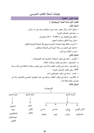 ‫إﺟﺎﺑﺎت أﺳﺋﻠﺔ اﻟﻛﺗﺎب اﻟﻣدرﺳﻲ‬
                                                                                      ‫اﻟوﺣدة اﻷوﻟﻰ )اﻟﺧﻠﻳﺔ(‬
                                                                  ‫اﻟﻔﺻﻝ اﻷوﻝ )ﻣﺎدة اﻟﺣﻳﺎة "اﻟﺑروﺗوﺑﻼزم" (‬
                                                                                                  ‫اﻟﺳؤاﻝ اﻷوﻝ‬
                               ‫أ. ﻣﺣﻠوﻝ اﻟﻧﺷﺎ / ﻻﻝ اﻟﺑﻳض ﻋﻧدﻣﺎ ج / ﺟﻳﻼﺗﻳن ﺻﻠب ﻓﻲ ﻣﺎء ﺳﺎﺧن .‬
                                                           ‫ﻳر‬            ‫ز‬
                                                                              ‫ب. ﺧﺻﺎﺋص اﻟﻣﺣﺎﻟﻳﻝ اﻟﻐروﻳﺔ‬
                                                 ‫- دﻗﺎﺋق ﻳﺗر ح ﻫﺎ ﺑﻳن ) 100.0 – 1.0 ( ﻣﻳﻛروﻣﺗر.‬
                                                                                ‫او ﻗطر‬
                                                                     ‫- ﻳﻣﻛن رؤﻳﺔ اﻟدﻗﺎﺋق ﺑﺎﺳﺗﺧدام اﻟﻣﺟﻬر.‬
                           ‫- ﻻ ﺗﺗرﺳب دﻗﺎﺋﻘﻪ ﺑﻔﻌﻝ اﻟﺟﺎذﺑﻳﺔ اﻷرﺿﻳﺔ وﻳرﺟﻊ ذﻟك ﻟﻠﺣرﻛﺔ اﻟﺑ اوﻧﻳﺔ ﻟﻠدﻗﺎﺋق.‬
                                        ‫ر‬
                                            ‫- ﻟﻪ ﻗد ة ﻋﻠﻰ اﻟﺗﺣوﻝ ﻣن ﺣﺎﻟﺔ اﻟﺳﻳوﻟﺔ إﻟﻰ اﻟﺻﻼﺑﺔ وﺑﺎﻟﻌﻛس.‬
                                                                                           ‫ر‬
                                                                                 ‫- ﺗﺗرﺳب اﻟدﻗﺎﺋق ﻣﻊ اﻟزﻣن.‬
                                                                                                 ‫اﻟﺳؤاﻝ اﻟﺛﺎﻧﻲ‬
                                      ‫أ. اﻟﻛرﺑون : ﻳدﺧﻝ ﻓﻲ ﺗرﻛﻳب اﻟﻣرﻛﺑﺎت اﻟﻌﺿوﻳﺔ ﻣﺛﻝ اﻟﻛرﺑوﻫﻳد ات .‬
                                         ‫ر‬
                                                         ‫ب. اﻟﻧﻳﺗروﺟﻳن : ﻳدﺧﻝ ﻓﻲ ﺗرﻛﻳب ﺑروﺗﻳﻧﺎت اﻟﺧﻠﻳﺔ.‬
       ‫ج. اﻟﻔوﺳــﻔور: ﻳــدﺧﻝ ﻓــﻲ ﺗرﻛﻳــب اﻟﻌظــﺎم واﻷﺳــﻧﺎن، وﻓــﻲ ﺗرﻛﻳــب ﻣرﻛﺑــﺎت اﻟطﺎﻗــﺔ ﻓــﻲ اﻟﺟﺳــم ﻣﺛــﻝ‬
                                                                     ‫‪ ، ATP‬وﻓﻲ ﺗرﻛﻳب اﻟﺣﻣوض اﻟﻧووﻳﺔ .‬
                                                              ‫د. اﻟﺣدﻳد : ﻳدﺧﻝ ﻓﻲ ﺗرﻛﻳب ﻫﻳﻣوﻏﻠوﺑﻳن اﻟدم.‬
       ‫ﻫـ. اﻟﻛﺎﻟﺳﻳوم : ﻳـدﺧﻝ ﻓـﻲ ﺗرﻛﻳـب اﻟﻌظـﺎم، وﻳـدﺧﻝ ﻓـﻲ ﻋﻣـﻝ اﻟﺟﻬـﺎزﻳن اﻟﻌﺻـﺑﻲ واﻟﻌﺿـﻠﻲ، وﻟـﻪ دور‬
                                                                                   ‫ﻣﻬم ﻓﻲ ﻋﻣﻠﻳﺔ ﺗﺟﻠط اﻟدم .‬
                                                                                                 ‫اﻟﺳؤاﻝ اﻟﺛﺎﻟث‬
                                                          ‫اﻟﻛرﺑوﻫﻳد ات‬
                                                           ‫ر‬

 ‫ﻋدﻳدة اﻟﺗﺳﻛر‬               ‫ﺛﻧﺎﺋﻳﺔ اﻟﺗﺳﻛر‬                                                  ‫أﺣﺎدﻳﺔ اﻟﺗﺳﻛر‬




 ‫اﻟﺳﻠﻳوﻟوز  ‬                    ‫ﻣﺎﻟﺗوز‬
    ‫اﻟﻧﺷﺎ  ‬                      ‫ﻻﻛﺗوز‬              ‫ﺳداﺳﻲ‬              ‫ﺧﻣﺎﺳﻲ‬                ‫رﺑﺎﻋﻲ‬
                                                                                              ‫ي‬           ‫ﺛﻼﺛﻲ اﻟﻛرﺑون‬
 ‫اﻟﻐﻼﻳﻛوﺟﻳن  ‬                    ‫ﺟﻼﻛﺗوز‬
                                                   ‫ﺟﻠوﻛوز  ‬              ‫اﻳﺑوز‬
                                                                             ‫ر‬            ‫اﻳرﺛروز‬           ‫ﻏﻠﺳر ﻫﻳد‬
                                                                                                              ‫اﻟر‬
‫ﻫﻳﻣﻳﺳﻠﻳوﻟوز  ‬
   ‫ ‬   ‫اﻟﻛﺎﻳﺗﻳن‬




       ‫ ‬
                                                         ‫75‬
 