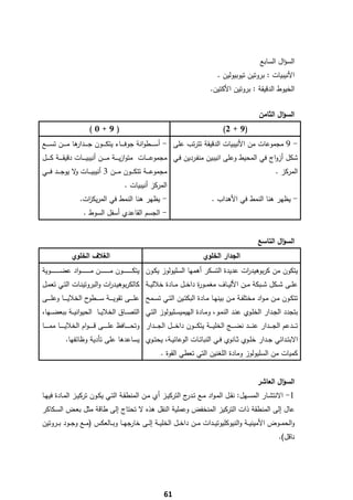 ‫اﻟﺳؤاﻝ اﻟﺳﺎﺑﻊ‬
                                                                                                       ‫اﻷﻧﻳﺑﻳﺎت : ﺑروﺗﻳن ﺗﻳوﺑﻳوﻟﻳن .‬
                                                                                                   ‫اﻟﺧﻳوط اﻟدﻗﻳﻘﺔ : ﺑروﺗﻳن اﻷﻛﺗﻳن.‬


                                                                                                                                ‫اﻟﺳؤاﻝ اﻟﺛﺎﻣن‬
                            ‫)9+0(‬                                                                         ‫)9 + 2 (‬
‫- 9 ﻣﺟﻣوﻋﺎت ﻣن اﻷﻧﻳﺑﻳﺎت اﻟدﻗﻳﻘﺔ ﺗﺗرﺗب ﻋﻠﻰ - أﺳـ ـ ــطواﻧﺔ ﺟوﻓـ ـ ــﺎء ﻳﺗﻛـ ـ ــون ﺟـ ـ ـ ﻫﺎ ﻣـ ـ ــن ﺗﺳـ ـ ــﻊ‬
                    ‫ـدار‬
‫ﺷﻛﻝ أزواج ﻓﻲ اﻟﻣﺣﻳط وﻋﻠﻰ اﻧﻳﺑﻳن ﻣﻧﻔـردﻳن ﻓـﻲ ﻣﺟﻣوﻋـ ـ ــﺎت ﻣﺗوازﻳـ ـ ــﺔ ﻣـ ـ ــن أﻧﻳﺑﻳـ ـ ــﺎت دﻗﻳﻘـ ـ ــﺔ ﻛـ ـ ــﻝ‬
‫ﻣﺟﻣوﻋ ـ ــﺔ ﺗﺗﻛ ـ ــون ﻣ ـ ــن 3 أﻧﻳﺑﻳ ـ ــﺎت ﻻ ﻳوﺟ ـ ــد ﻓ ـ ــﻲ‬
                   ‫و‬                                                                                                                      ‫اﻟﻣرﻛز .‬
                                                ‫اﻟﻣرﻛز أﻧﻳﺑﻳﺎت .‬
                      ‫- ﻳظﻬر ﻫﻧﺎ اﻟﻧﻣط ﻓﻲ اﻟﻣرﻳﻛ ات.‬
                        ‫ز‬                                                                           ‫- ﻳظﻬر ﻫﻧﺎ اﻟﻧﻣط ﻓﻲ اﻷﻫداب .‬
                        ‫- اﻟﺟﺳم اﻟﻘﺎﻋدي أﺳﻔﻝ اﻟﺳوط .‬


                                                                                                                               ‫اﻟﺳؤاﻝ اﻟﺗﺎﺳﻊ‬
                 ‫اﻟﻐﻼف اﻟﺧﻠوي‬                                                                  ‫اﻟﺟدار اﻟﺧﻠوي‬
‫ﻳﺗﻛون ﻣن ﻛرﺑوﻫﻳد ات ﻋدﻳدة اﻟﺗﺳﻛر أﻫﻣﻬﺎ اﻟﺳﻠﻳوﻟوز ﻳﻛـون ﻳﺗﻛ ـ ـ ـ ـ ـ ـ ــون ﻣ ـ ـ ـ ـ ـ ـ ــن ﻣـ ـ ـ ـ ـ ـ ـ ـواد ﻋﺿ ـ ـ ـ ـ ـ ـ ــوﻳﺔ‬
                                                                                                                    ‫ر‬
‫ﻋﻠــﻰ ﺷــﻛﻝ ﺷــﺑﻛﺔ ﻣــن اﻷﻟﻳــﺎف ﻣﻐﻣــو ة داﺧــﻝ ﻣــﺎدة ﺧﻼﻟﻳــﺔ ﻛﺎﻟﻛرﺑوﻫﻳـد ات واﻟﺑروﺗﻳﻧــﺎت اﻟﺗــﻲ ﺗﻌﻣــﻝ‬
                             ‫ر‬                                   ‫ر‬
‫ﺗﺗﻛـون ﻣــن ﻣـواد ﻣﺧﺗﻠﻔــﺔ ﻣــن ﺑﻳﻧﻬــﺎ ﻣــﺎدة اﻟﺑﻛﺗــﻳن اﻟﺗــﻲ ﺗﺳــﻣﺢ ﻋﻠـ ـ ــﻰ ﺗﻘوﻳـ ـ ــﺔ ﺳـ ـ ـ ح اﻟﺧﻼﻳـ ـ ــﺎ وﻋﻠـ ـ ــﻰ‬
                         ‫ـطو‬
‫ﺑﺗﺟدد اﻟﺟـدار اﻟﺧﻠـوي ﻋﻧـد اﻟﻧﻣـو، وﻣـﺎدة اﻟﻬﻳﻣﻳﺳـﻠﻳوﻟوز اﻟﺗـﻲ اﻟﺗﺻ ــﺎق اﻟﺧﻼﻳ ــﺎ اﻟﺣﻳواﻧﻳ ــﺔ ﺑﺑﻌﺿ ــﻬﺎ،‬
‫ﺗ ـ ــدﻋم اﻟﺟ ـ ــدار ﻋﻧ ـ ــد ﻧﺿ ـ ــﺞ اﻟﺧﻠﻳ ـ ــﺔ ﻳﺗﻛ ـ ــون داﺧ ـ ــﻝ اﻟﺟ ـ ــدار وﺗﺣـ ـ ـ ــﺎﻓظ ﻋﻠـ ـ ـ ــﻰ ﻗ ـ ـ ـ ـوام اﻟﺧﻼﻳـ ـ ـ ــﺎ ﻣﻣـ ـ ـ ــﺎ‬
             ‫اﻻﺑﺗــداﺋﻲ ﺟــدار ﺧﻠــوي ﺛــﺎﻧوي ﻓــﻲ اﻟﻧﺑﺎﺗــﺎت اﻟوﻋﺎﺋﻳــﺔ، ﻳﺣﺗــوي ﻳﺳﺎﻋدﻫﺎ ﻋﻠﻰ ﺗﺄدﻳﺔ وظﺎﺋﻔﻬﺎ.‬
                                                                      ‫ﻛﻣﻳﺎت ﻣن اﻟﺳﻠﻳوﻟوز وﻣﺎدة اﻟﻠﻐﻧﻳن اﻟﺗﻲ ﺗﻌطﻲ اﻟﻘوة .‬


                                                                                                                               ‫اﻟﺳؤاﻝ اﻟﻌﺎﺷر‬
‫1- اﻻﻧﺗﺷــﺎر اﻟﻣﺳــﻬﻝ: ﻧﻘــﻝ اﻟﻣـواد ﻣــﻊ ﺗـ ج اﻟﺗرﻛﻳــز أي ﻣــن اﻟﻣﻧطﻘــﺔ اﻟﺗــﻲ ﻳﻛــون ﺗرﻛﻳــز اﻟﻣــﺎدة ﻓﻳﻬــﺎ‬
                                                                   ‫ـدر‬
‫ﻋﺎﻝ إﻟﻰ اﻟﻣﻧطﻘﺔ ذات اﻟﺗرﻛﻳز اﻟﻣﻧﺧﻔض وﻋﻣﻠﻳﺔ اﻟﻧﻘﻝ ﻫذﻩ ﻻ ﺗﺣﺗﺎج إﻟﻰ طﺎﻗﺔ ﻣﺛﻝ ﺑﻌـض اﻟﺳـﻛﺎﻛر‬
‫واﻟﺣﻣ ــوض اﻷﻣﻳﻧﻳ ــﺔ واﻟﻧﻳوﻛﻠﻳوﺗﻳ ــدات ﻣ ــن داﺧ ــﻝ اﻟﺧﻠﻳ ــﺔ إﻟ ــﻰ ﺧﺎرﺟﻬ ــﺎ وﺑ ــﺎﻟﻌﻛس )ﻣ ــﻊ وﺟ ــود ﺑ ــروﺗﻳن‬
                                                                                                                                           ‫ﻧﺎﻗﻝ(.‬




‫ ‬
                                                                        ‫16‬
 