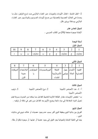 ‫2- اﻟﻧﻘــﻝ اﻟﻧﺷــط : اﻧﺗﻘــﺎﻝ اﻷﻳوﻧــﺎت واﻟﺟزﻳﺋــﺎت ﻋﺑــر اﻟﻐﺷــﺎء اﻟﺑﻼزﻣــﻲ ﺿــد ﺗـ ج اﻟﺗرﻛﻳــز، ﻣﺛــﻝ ﻣــﺎ‬
                       ‫ـدر‬
‫ﻳﺣ ــدث ﻓ ــﻲ اﻟﺧﻼﻳ ــﺎ اﻟﻌﺻ ــﺑﻳﺔ واﻟﻌﺿ ــﻠﻳﺔ ﻣ ــن ﺿ ــﺦ ﻷﻳوﻧ ــﺎت اﻟﺻ ــودﻳوم واﻟﺑوﺗﺎﺳ ــﻳوم ﻋﺑ ــر اﻟﻐﺷ ــﺎء‬
                                                                              ‫اﻟﺑﻼزﻣﻲ ﺑوﺳﺎطﺔ ﺑروﺗﻳن ﻧﺎﻗﻝ.‬


                                                                                          ‫اﻟﺳؤاﻝ اﻟﺣﺎدي ﻋﺷر‬
                                                     ‫اﻹﺟﺎﺑﺔ ﻣوﺟودة ﺻﻔﺣﺔ )03( ﻣن اﻟﻛﺗﺎب اﻟﻣدرﺳﻲ .‬



                                                                                                  ‫أﺳﺋﻠﺔ اﻟوﺣدة‬
                                                                                                   ‫اﻟﺳؤاﻝ اﻷوﻝ‬
    ‫01‬        ‫9‬           ‫8‬            ‫7‬         ‫6‬          ‫5‬         ‫4‬           ‫3‬           ‫2‬            ‫1‬
     ‫د‬       ‫ب‬            ‫ب‬       ‫ﻣﺣذوف‬         ‫ب‬           ‫ج‬         ‫ج‬        ‫ﻣﺣذوف‬          ‫ج‬         ‫ﻣﺣذوف‬


                                                                                                ‫اﻟﺳؤاﻝ اﻟﺛﺎﻧﻲ‬
     ‫8‬             ‫7‬              ‫6‬                  ‫5‬                 ‫4‬              ‫3‬        ‫2‬           ‫1‬
‫اﻟﺑﻳروﻛﺳﻳﺳوﻣﺎت اﻟﻣﻳﺗوﻛوﻧدر اﻟﺑﻼﺳﺗﻳدات اﻟﻣرﻳﻛ ات‬
 ‫ز‬                                                                  ‫اﻟﺷﺑﻛﺔ‬        ‫اﻷﺟﺳﺎم ﺟﻬﺎز‬            ‫اﻟﻔﺟوة‬
               ‫ﻋدﻳﻣﺔ‬              ‫ﻳﺎ‬                            ‫اﻟﻌﺻﺎرﻳﺔ اﻟﺣﺎﻟﺔ ﺟوﻟﺟﻲ اﻷﻧدوﺑﻼزﻣﻳﺔ‬
                  ‫اﻟﻠون‬                                             ‫اﻟﻣﻠﺳﺎء‬


                                                                                                ‫اﻟﺳؤاﻝ اﻟﺛﺎﻟث‬
‫3. ﺗرﺗﻳـب‬                     ‫2. ﻧ ع اﻷﺣﻣـﺎض اﻷﻣﻳﻧﻳـﺔ‬
                                                ‫ـو‬                            ‫أ- 1. ﻋدد اﻷﺣﻣـﺎض اﻷﻣﻳﻧﻳـﺔ‬
                                                                                            ‫اﻷﺣﻣﺎض اﻷﻣﻳﻧﻳﺔ‬
‫ب- ﺗﺧﻔــض اﻹﻧزﻳﻣــﺎت ﻣﻘــدار اﻟطﺎﻗــﺔ اﻟﻼزﻣــﺔ ﻟﺗﻧﺷــﻳط اﻟﺗﻔﺎﻋــﻝ ﻣﻣــﺎ ﻳﻣﻛﻧــﻪ ﻣــن اﻟﺣــدوث ﺑﺳـ ﻋﺔ ﻓﻳــﺗم‬
         ‫ـر‬
    ‫ج اﻷﻧزﻳم ﺑﻌد اﻟﺗﻔﺎﻋﻝ دون ﺗﻐﻳر ﻓﻲ ﺷﻛﻠﻪ أو ﺗرﻛﻳﺑﻪ .‬‫ﺗﺣوﻳﻝ اﻟﻣواد اﻟﻣﺗﻔﺎﻋﻠﺔ إﻟﻲ ﻣواد ﻧﺎﺗﺟﺔ وﻳﺧر‬


                                                                                                   ‫اﻟﺳؤاﻝ اﻟ اﺑﻊ‬
                                                                                                     ‫ر‬
‫اﻟﻔروق ﺑﻳن ﺑداﺋﻳﺔ اﻟﻧوي وﺣﻘﻳﻘﺔ اﻟﻧوي أﻛﺑر ﺑﺳﺑب ﻋـدم وﺟـود ﻋﺿـﻳﺎت أو ﻏـﻼف ﻧـووي ﻓـﻲ ﺑـداﺋﻳﺎت‬
                                                                                                        ‫اﻟﻧوي .‬
‫ﺑﻳﻧﻣﺎ ﻓﻲ اﻟﺧﻠﻳﺔ اﻟﻧﺑﺎﺗﻳﺔ واﻟﺣﻳواﻧﻳﺔ ﻳﻌود اﻟﻔرق إﻟﻲ وﺟود ﻋﺿﻳﺔ أو ﻏﻳﺎﺑﻬﺎ، أو ﻣوﺟودة ﺑﻛﺛ ة أو ﺑﻘﻠﺔ.‬
         ‫ر‬




‫ ‬
                                                      ‫26‬
 