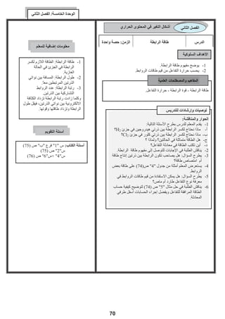 ‫ﺍﻟﻮﺣﺪﺓ ﺍﻟﺜﺎﻧﻴﺔ/ ﺍﻟﻔﺼﻞ ﺍﻷﻭﻝ‬



                                                                                                   ‫ﺍﻟﻔﺼﻞ ﺍﻷﻭﻝ‬

                                             ‫ﺣﺼﺔ ﻭﺍﺣﺪﺓ‬       ‫ﺍﻟﺰﻣﻦ:‬      ‫ﻛﻴﻔﻴﺔ ﺣﺪﻭﺙ ﺍﻟﺘﻔﺎﻋﻞ‬         ‫ﺍﻟﺪﺭﺱ :‬



                                                                           ‫1- ﻳﺘﻌﺮﻑ ﻋﻠﻰ ﻛﻴﻔﻴﺔ ﺣﺪﻭﺙ ﺍﻟﺘﻔﺎﻋﻞ.‬
                                                                       ‫2- ﻳﻌﻄﻲ ﺗﻌﺮﻳﻔﺎً ﻟﻤﻔﻬﻮﻡ ﺍﻟﺘﻔﺎﻋﻞ ﺍﻟﻜﻴﻤﻴﺎﺋﻲ.‬
                        ‫ﺳﺆﺍﻝ ﺻﻔﺤﺔ )33(:‬                                        ‫3- ﻳﺤﺪﺩ ﻣﺆﺷﺮﺍﺕ ﺣﺪﻭﺙ ﺍﻟﺘﻔﺎﻋﻞ.‬
     ‫ﺍﻟﺮﻭﺍﺑﻂ ﺍﻟﺘﻲ ﺍﻧﻜﺴﺮﺕ: ﺍﻟﺮﺍﺑﻄﺔ ﺑﻴﻦ ‪C,H‬‬
                       ‫، ﺍﻟﺮﺍﺑﻄﺔ ﺑﻴﻦ ‪.O,O‬‬
     ‫ﺍﻟﺮﻭﺍﺑﻂ ﺍﻟﺘﻲ ﺗﻜﻮﻧﺖ: ﺍﻟﺮﺍﺑﻄﺔ ﺑﻴﻦ ‪، C,O‬‬
                        ‫ﺍﻟﺮﺍﺑﻄﺔ ﺑﻴﻦ ‪.H, O‬‬                                                 ‫ﺍﻟﺘﻔﺎﻋﻞ ﺍﻟﻜﻴﻤﻴﺎﺋﻲ.‬




                                               ‫ﺇﺟﺎﺑﺎﺕ ﺍﻷﺳﺌﻠﺔ ﺍﻟﻮﺍﺭﺩﺓ ﻓﻲ ﺍﻟﻤﺤﺘﻮﻯ‬
                                                                                               ‫ﺍﻟﺘﻌﻠﻢ ﺍﻟﺘﻌﺎﻭﻧﻲ:‬
                                                      ‫1- ﺗﻤﻬﻴﺪ ﻟﻠﺪﺭﺱ ﺑﻤﺮﺍﺟﻌﺔ ﻣﻔﻬﻮﻣﻲ ﺍﻟﺘﻐﻴﺮ ﺍﻟﻔﻴﺰﻳﺎﺋﻲ ﻭﺍﻟﺘﻐﻴﺮ‬
                                                                   ‫ﺳﺆﺍﻝ ﺻﻔﺤﺔ )33(:‬
                                             ‫ﺍﻟﺮﻭﺍﺑﻂ ﺍﻟﺘﻲ ﺍﻧﻜﺴﺮﺕ: ﺍﻟﺮﺍﺑﻄﺔ ﺑﻴﻦ ‪C,H‬‬               ‫ﺍﻟﻜﻴﻤﻴﺎﺋﻲ.‬
                                                 ‫2- ﻳﻨﺎﻗﺶ ﺍﻟﻤﻌﻠﻢ ﺍﻟﻄﻠﺒﺔ ﻓﻲ، ﺍﻟﺮﺍﺑﻄﺔ ﺑﻴﻦ ‪ (32).O,O‬ﻣﻦ ﺍﻟﻜﺘﺎﺏ.‬
                                                                    ‫ﺍﻟﺸﻜﻞ )1( ﺻﻔﺤﺔ‬
                                             ‫3- ﻳﻘﺴﻢ ﺍﻟﻤﻌﻠﻢ ﺍﻟﻄﻠﺒﺔ ﺍﻟﺮﻭﺍﺑﻂ ﺍﻟﺘﻲ ﺗﻜﻮﻧﺖ:ﻃﻼﺏ ﻟﻜﻞ ﻣﺠﻤﻮﻋﺔ‬
                                             ‫ﺍﻟﺮﺍﺑﻄﺔ ﺑﻴﻦ ‪، C,O‬‬    ‫ﻣﺠﻤﻮﻋﺎﺕ ﻣﻦ )5 – 8(‬
                                                                   ‫ﻭﻳﻮﺯﻉ ﻋﻠﻴﻬﻢ ﻭﺭﻗﺔ ﺍﻟﺮﺍﺑﻄﺔ – 1 ‪.H, O‬‬
                                                                         ‫ﺍﻟﻌﻤﻞ )2 ﺑﻴﻦ (.‬
                                                   ‫4- ﻳﻌﻄﻲ ﻓﺮﺻﺔ ﻟﻠﻄﻠﺒﺔ ﻟﻠﺤﻞ ﻓﻲ ﻣﺠﻤﻮﻋﺎﺕ ﺛﻢ ﻳﻘﻮﻡ ﻣﻨﺴﻖ ﻛﻞ‬
                                                                        ‫ﻣﺠﻤﻮﻋﺔ ﺑﻌﺮﺽ ﺍﺟﺎﺑﺎﺕ ﺍﻟﻤﺠﻤﻮﻋﺔ .‬
                                                            ‫5- ﻳﻜﻠﻒ ﺍﻟﻄﻠﺒﺔ ﺑﺤﻞ ﺳﺆﺍﻝ ﺻﻔﺤﺔ )33( ﻣﻦ ﺍﻟﻜﺘﺎﺏ.‬
                                              ‫ﻳﻨﺎﻗﺶ ﺍﻟﻤﻌﻠﻢ ﺍﻟﻄﻠﺒﺔ ﻓﻲ ﻣﺆﺷﺮﺍﺕ ﺣﺪﻭﺙ ﺍﻟﺘﻔﺎﻋﻞ ﻣﻦ ﺍﻟﻨﺎﺣﻴﺔ ﺍﻟﻌﻤﻠﻴﺔ.‬




                                                                 ‫ﺳﺆﺍﻝ ﺇﺛﺮﺍﺋﻲ: ﻓﻲ ﺍﻟﺘﻔﺎﻋﻞ ﺍﻟﺘﺎﻟﻲ:‬
                                                              ‫2‪N2 + 3H‬‬              ‫3‪2NH‬‬
                                                              ‫ﻣﺎ ﺍﻟﺮﻭﺍﺑﻂ ﺍﻟﺘﻲ ﻛﺴﺮﺕ ﻭﻣﺎ ﻋﺪﺩﻫﺎ؟‬
                                                              ‫ﻣﺎ ﺍﻟﺮﻭﺍﺑﻂ ﺍﻟﺘﻲ ﺗﻜﻮﻧﺖ ﻭﻣﺎ ﻋﺪﺩﻫﺎ؟‬




‫32‬                                                                                ‫ﺩﻟﻴﻞ ﺍﻟﻤﻌﻠﻢ / ﻛﻴﻤﻴﺎء ـ ﺃﻭﻝ ﺛﺎﻧﻮﻱ‬
                                                    ‫32‬
 