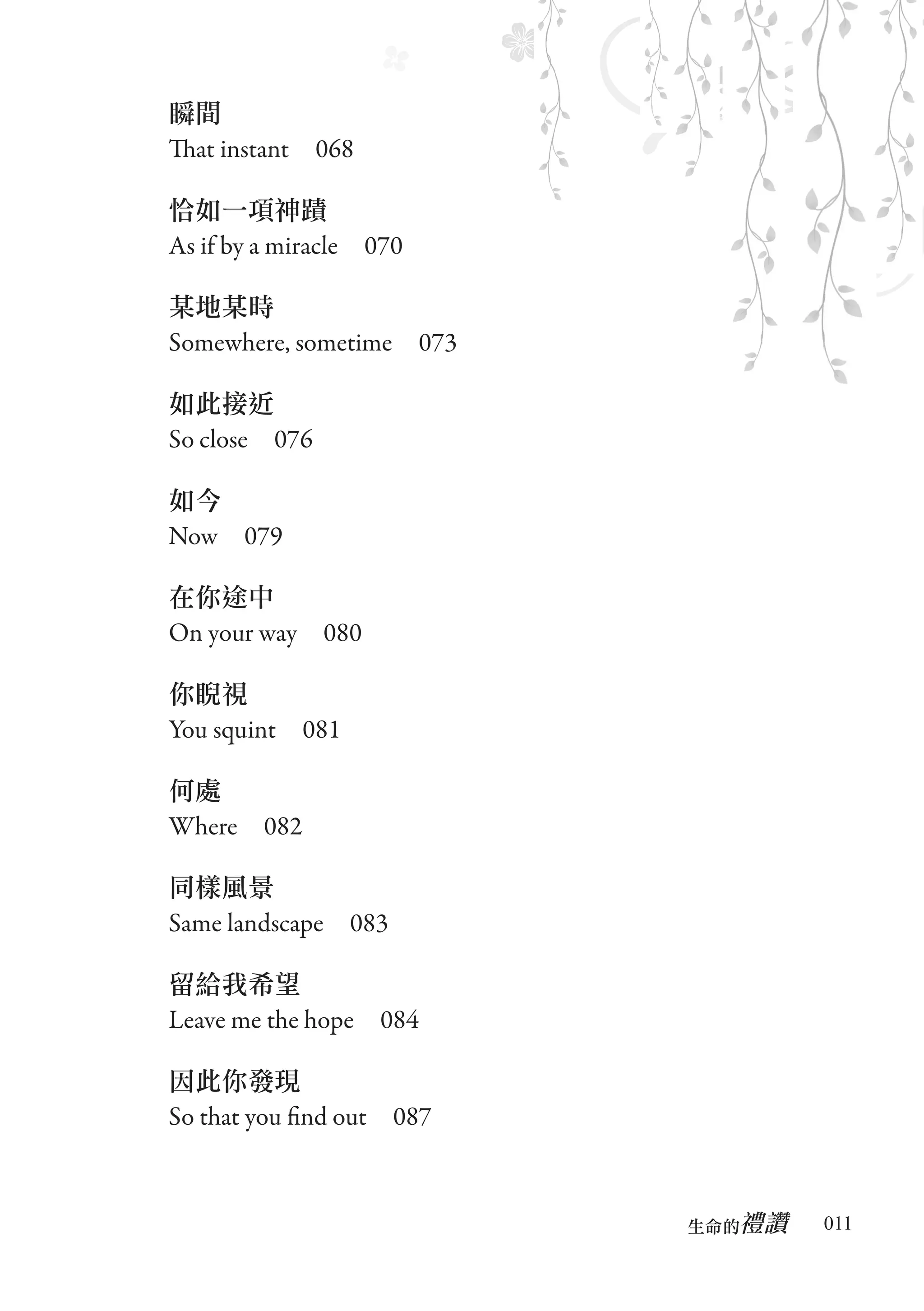 瞬間
That instant　068

恰如一項神蹟
As if by a miracle　070

某地某時
Somewhere, sometime　073

如此接近
So close　076

如今
Now　079

在你途中
On your way　080

你睨視
You squint　081

何處
Where　082

同樣風景
Same landscape　083

留給我希望
Leave me the hope　084

因此你發現
So that you find out　087


                              禮讚
                           生命的　　　   011
 
