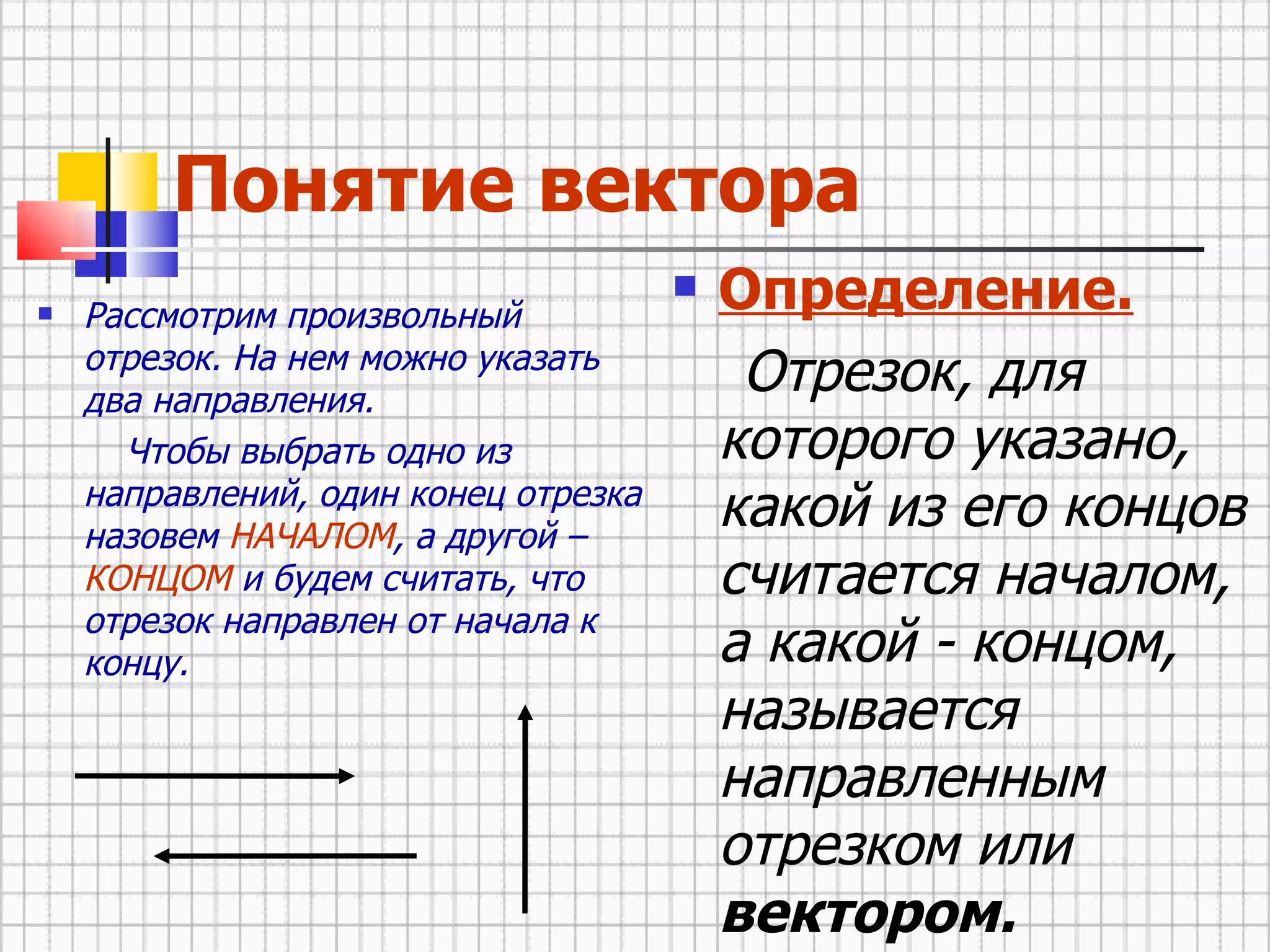 Понятие вектора Рассмотрим произвольный отрезок. На нем можно указать два направления. Чтобы выбрать одно из направлений, один конец отрезка назовем  НАЧАЛОМ , а другой –  КОНЦОМ  и будем считать, что отрезок направлен от начала к концу. Определение. Отрезок, для которого указано, какой из его концов считается началом, а какой - концом, называется направленным отрезком или  вектором. 