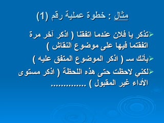 مثال   :  خطوة عملية رقم  (1) تذكر يا فلان عندما اتفقنا  (  اذكر آخر مرة اتفقتما فيها على موضوع النقاش  )  بأنك سـ  (  اذكر الموضوع المتفق عليه  ) لكني لاحظت حتى هذه اللحظة  (  اذكر مستوى الأداء غير المقبول  ) .............. 