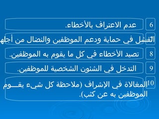 عدم الاعتراف بالأخطاء . الفشل في حماية ودعم الموظفين والنضال من أجلهم . تصيد الأخطاء في كل ما يقوم به الموظفين . التدخل في الشئون الشخصية للموظفين . المغالاة في الإشراف  ( ملاحظة كل شيء يقـــوم  الموظفين به عن كثب ). 7 6 9 8 10 