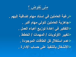 متى نفوض ؟ رغبة العاملين في إسناد مهام إضافية إليهم  . جاهزية العاملين لتولي مهام أكبر  . التفكير في إعادة توزيع أعباء العمل  . تغيير الأولويات  /  المهمات  /  الخطط  . عدم استغلال كل الطاقات الموجودة  . الانشغال بالتنفيذ على حساب الإدارة  . 