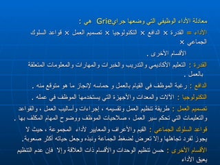 معادلة الأداء الوظيفي التي وضعها جراي Grie  هي  :  الأداء  =   القدرة  ×  الدافع  ×  التكنولوجيا  ×  تصميم العمل  ×  قواعد السلوك الجماعي  × الأقسام الأخرى  . القدرة  :  التعليم الأكاديمي والتدريب والخبرات والمهارات والمعلومات المتعلقة   بالعمل  . الدافع  :   رغبة الموظف في القيام بالعمل  و حماس ه لإنجاز ما هو متوقع منه  . التكنولوجيا  :   الآلات  والمعدات والأجهزة التي يستخدمها الموظف في عمله  .  تصميم العمل  :   طريقة تنظيم العمل وتقسيمه ، إجراءات وأساليب العمل ، والقواعد والتعليمات التي تحكم  سير  العمل ، صلاحيات الموظف ووضوح المهام المكلف بها  . قواعد السلوك الجماعي  :   القيم والأعراف والمعايير لأداء  المجموعة ، حيث لا يجوز لفرد تجاهلها وإلا تعرض لضغط الجماعة ونبذه وجعل حياته أكثر صعوبة . الأقسام الأخرى  :   حسن تنظيم الوحدات والأقسام ذات العلاقة وإلا  فإن عدم التنظيم يعيق الأداء  