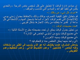 إن مبادئ إدارة الوقت لا تنطبق على  كل  شخص بنفس الدرجة  ،  والتحدي يكمن في تنفيذ القواعد والمبادئ التي تتناسب والموقف  . أعرف كل شيء عن وقتك  :- قم بتحليل دقيق لكيفية التصرف بوقتك وذلك بالاحتفاظ بجدول زمني يومى  ( كالأجندة )  التي تقسم الوقت لأجزاء الساعة بتسجيل المهام والأنشطة في كل ساعة أو  تقدير ما يتطلبه من وقت لانجازها بشكل تقريبي  . حدد مضيعات الوقت  :- من تحليل جدول الوقت يمكن أن تحدد مضيعاته  ب طرح الأسئلة التالية  :-  أي مضيع للوقت ي ن يع من أسلوبي الخاص في الإدارة ؟ أي مضيع للوقت يسببه الآخرون ؟ أي واحد منهما يمكن التخلص منه  ا والتحكم فيه ؟ يندهش المشرف عندما يكتشف أنه هو الذي يتسبب في الكثير من مشكلات وقته الخاص  "  كالتأجيل  "  وعدم الانضباط الذاتي ، وعدم التخطيط وعدم التفويض  . 