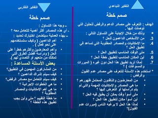 ــ وجه هذا التساؤل  : ـ أي هذه المصادر أكثر أهمية للتعامل معه ؟ ــ بهذه العملية سيتضمن اختيارك تحديد  : أهم الداعمين  (  وكيف ستستخدمهم على نحو فعال  ) . وأهم المعارضين وأكثرهم خطراً على الحل  (  ودراسة أفضل الطرق التي تمكنك من منعهم أو التصدي لهم  ). بعض الأسئلة المساعدة  : من المشاركون المهمون في التطبيق؟ كيف سيتم إشراك الداعمين ؟ كيف سيتم التعامل مع مصادر الرفض؟ ما هي الخطوات الإجرائية ؟ ما هي أهم الإمكانيات والمصادر المطلوبة ؟ ما خطة التقييم ؟ متى وأين يجب تطبيق هذه الخطة ؟ الهدف  :  التعرف على مصادر الدعم والرفض للحلول التي توصلت إليها  . وذلك من خلال الإجابة على التساؤل التالي  : من الأشخاص الداعمون للحل ؟ ما الإمكانيات والمصادر المطلوبة التي تساعد في تطبيق الحل ؟ متى الوقت المناسب لتطبيق الحل ؟ أين المكان المناسب لتطبيق خطة الحل ؟ لماذا تريد تطبيق هذا الحل دون غيره  (  المبررات والمسوغات  )  ؟ *  استخدم هذه الأسئلة للتعرف على مصادر عدم القبول والرفض  : من المعارضون والناقدون المحتمل ظهورهم ؟ ما هي المصادر والإمكانيات المهمة والتي لم يتم دراستها أو التعرض إليها ؟ متى أسوأ وقت يمكن أن يطبق فيه الحل ؟  أين أسوأ مكان لتطبيق هذا الحل ؟ لماذا هذا الحل لا يرغبه الناس  ( مبررات عدم القبول ) ؟ التفكير التباعدي التفكير التقاربي   صمم خطة صمم خطة 