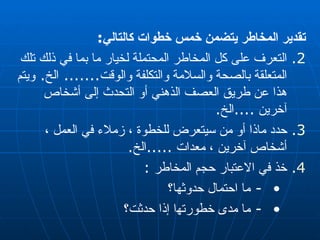 تقدير المخاطر يتضمن خمس خطوات كالتالي : التعرف على كل المخاطر المحتملة لخيار ما بما في ذلك تلك المتعلقة بالصحة والسلامة والتكلفة والوقت .......  الخ .  ويتم هذا عن طريق العصف الذهني أو التحدث إلى أشخاص آخرين  .... الخ . حدد ماذا أو من سيتعرض للخطوة ، زملاء في العمل ، أشخاص آخرين ، معدات  ..... الخ . خذ في الاعتبار حجم المخاطر  : -  ما احتمال حدوثها؟ -  ما مدى خطورﺗﻬا إذا حدثت؟ 