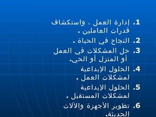 إدارة العمل ، واستكشاف قدرات العاملين  . النجاح في الحياة  . حل المشكلات في العمل  أو المنزل أو الحي . الحلول الإبداعية لمشكلات العمل  . الحلول الإبداعية لمشكلات المستقبل  . تطوير الأجهزة والآلات الحديثة . ابتكار مخترعات جديدة  . 