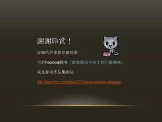 謝謝聆賞！
詳細的許多影音跟故事

可於Facebook搜尋「搶救風雤中求生存的貓媽咪」

或是參考作品集網站

http://www.wix.com/wawa0707/rescue-xiaohua-campaign
 