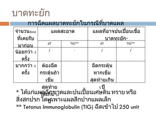 บาดทะยัก การฉีดแผลบาดทะยักในกรณีที่บาดแผล  *  ได้แก่แผลฉีกขาดและปนเปื้อนเศษดิน ทราย หรือสิ่งสกปรก โดเฉพาะแผลลึกปากแผลเล็ก ** Tetanus Immunoglobulin (TIG)  ฉีดเข้าไป  250 unit จำนวน dose  ที่เคยรับมาก่อน แผลสะอาด แผลที่อาจปนเปื้อนเชื้อบาดทะยัก * dT TIG** dT TIG** น้อยกว่า  3  ครั้ง / - / / มากกว่า  3  ครั้ง ต้องฉีดกระตุ้นถ้าเข็มสุดท้ายได้เกิน  10  ปี ฉีดกระตุ้นหากเข็มสุดท้ายเกิน  5  ปี 