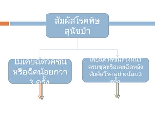 สัมผัสโรคพิษสุนัขบ้า เคยฉีดวัคซีนล่วงหน้าครบชุดหรือเคยฉีดหลังสัมผัสโรค อย่างน้อย  3  ครั้ง  ไม่เคยฉีดวัคซีน หรือฉีดน้อยกว่า  3  ครั้ง  