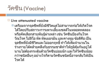 วัคซีน  (Vaccine) Live attenuated vaccine  เตรียมจากจุลชีพที่ยังมีชีวิตแต่ไม่สามารถก่อให้เกิดโรคได้โดยปรับสภาวะการเพาะเลี้ยงเซลล์ในหลอดทดลองหรือคัดเลือกสายพันธุ์ผ่าเหล่า เช่น วัคซีนป้องกันโรควัณโรค โปลิโอ หัด หัดเยอรมัน และคางทูม ข้อดีคือ เป็นจุลชีพที่ยังมีชีวิตและไม่ออกฤทธิ์ ทำให้เพิ่มจำนวนในร่างกายได้คล้ายคลึงกับธรรมชาติทำให้ภูมิคุ้มกันอยู่ได้นานไม่ต้องกระตุ้นด้วยวัคซีนบ่อยนัก และให้วัคซีนน้อยกว่าชนิดอื่นๆ อย่างไรก็ตามวัคซีนชนิดนี้อาจกลับให้เป็นโรคได้ 