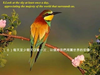 8.Look at the sky at least once a day,  appreciating the majesty of the world that surrounds us. （ 8 ）每天至少朝天空看一次，以 領 略我 們 周 圍 世界的宏 偉 。 
