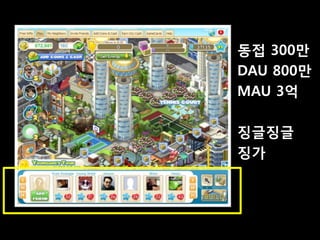 동접 300만
DAU 800만
MAU 3억

징글징글
징가
 